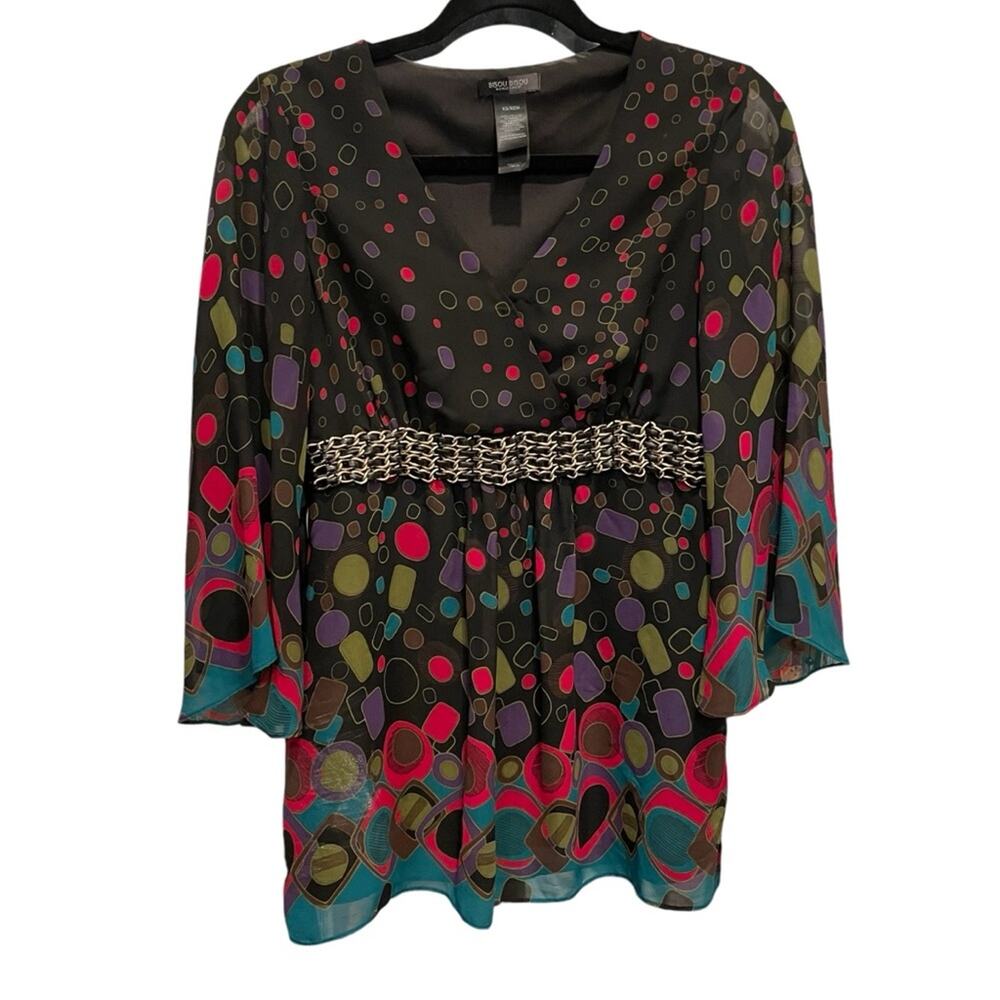 Bisou Bisou Michelle Bohbot Flowy Bell Sleeve Multicolor Top Blouse size XS